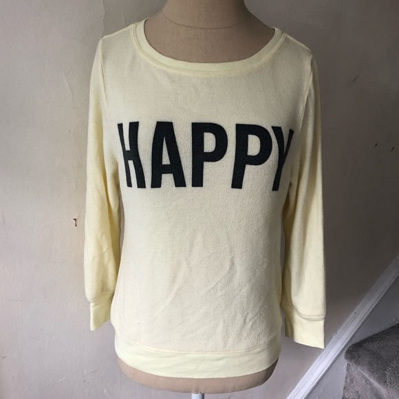 Wildfox HAPPY Graphic Pale Yellow Baggy Beach Jumper Pullover Sweatshirt Size XS - Picture 2 of 8
